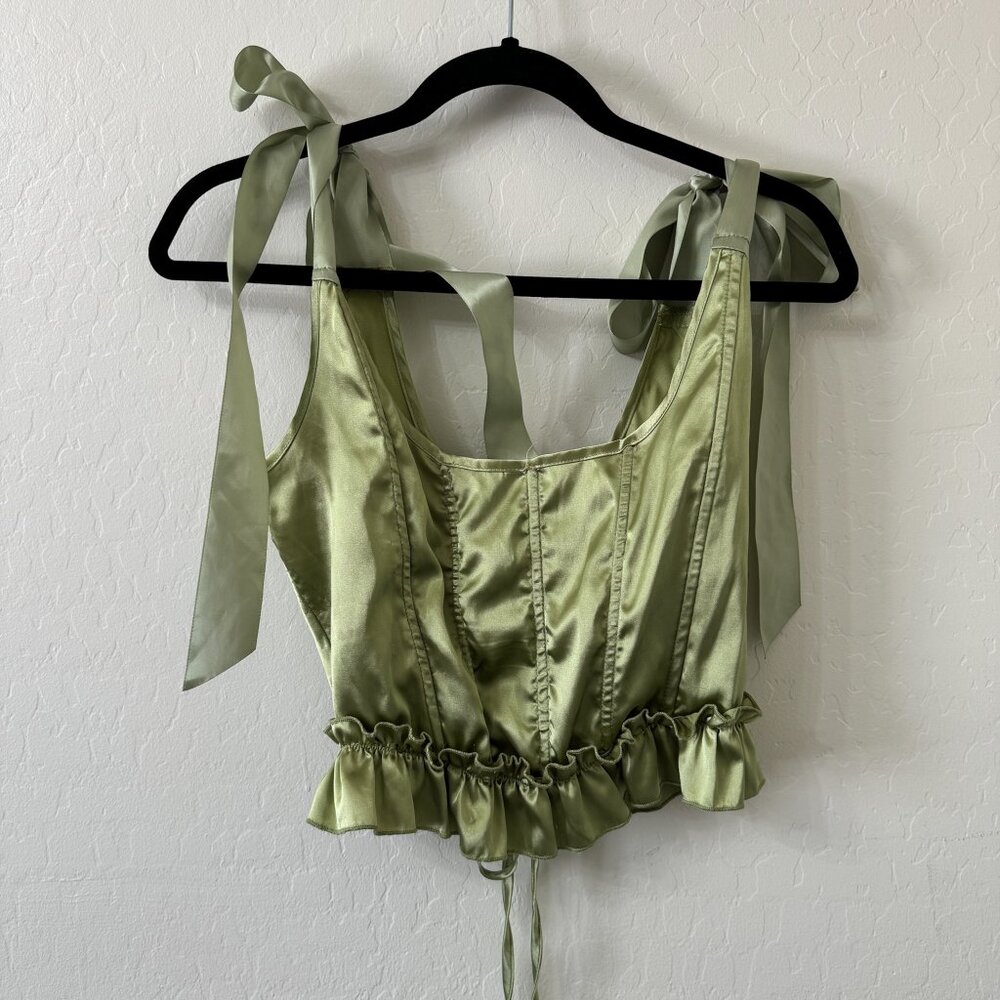 Lime Green Satin Tie Shoulder Lace Up Corset - Picture 8 of 9